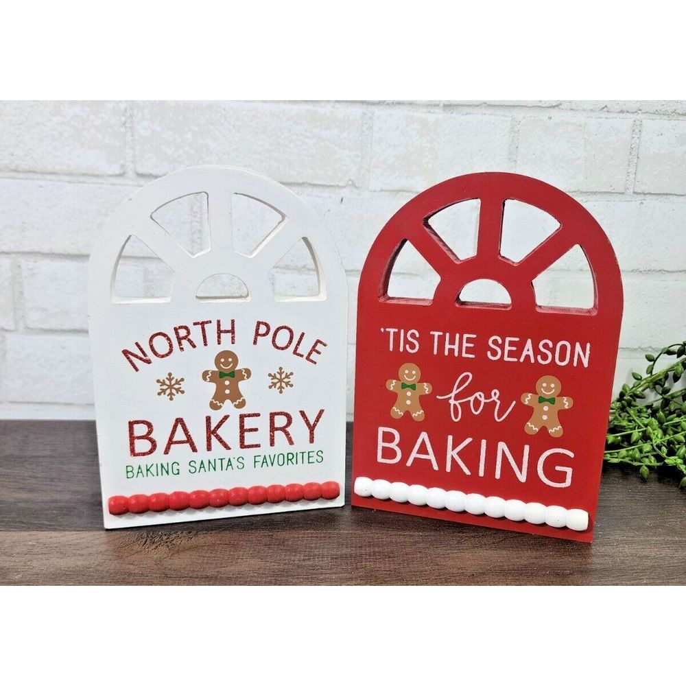 Gingerbread Bakery Baking Christmas Signs‎ 2 Pc Set Wooden Tabletop 8.25" NEW